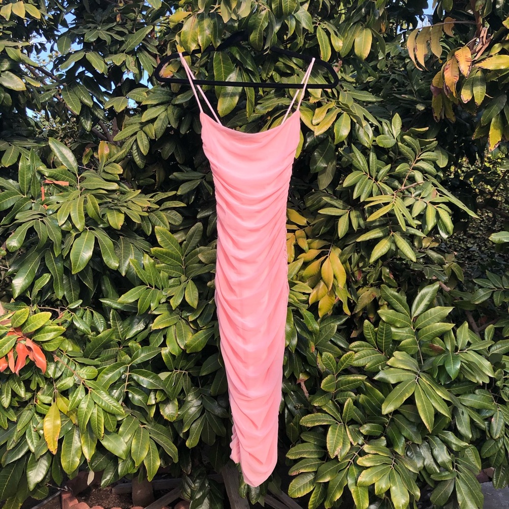 Oh Polly pink mesh ruched midi dress